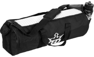 A black disc golf storage duffel bag with white stripe detailing and a water bottle attached on the side.