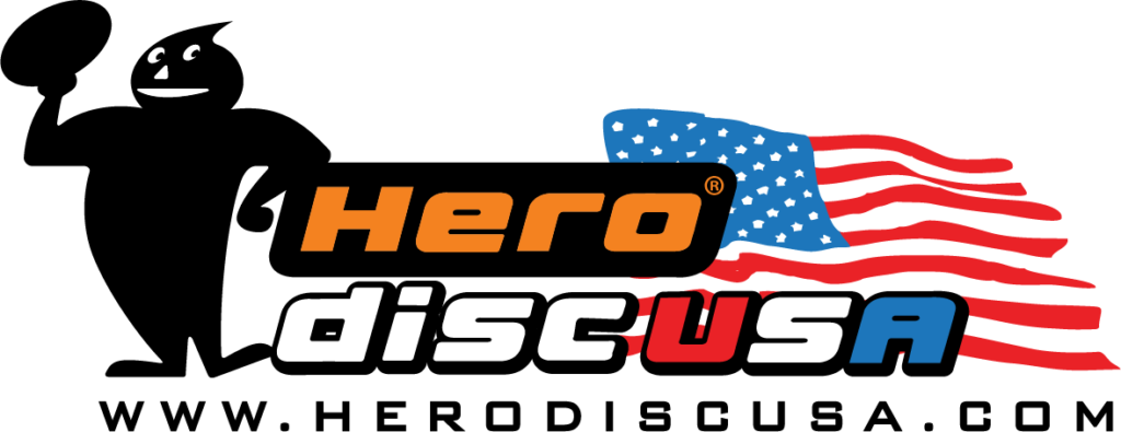 The image shows a stylized logo with the text  Hero disc USA  alongside a graphic of a smiling face and a disc golf disc with an American flag design.